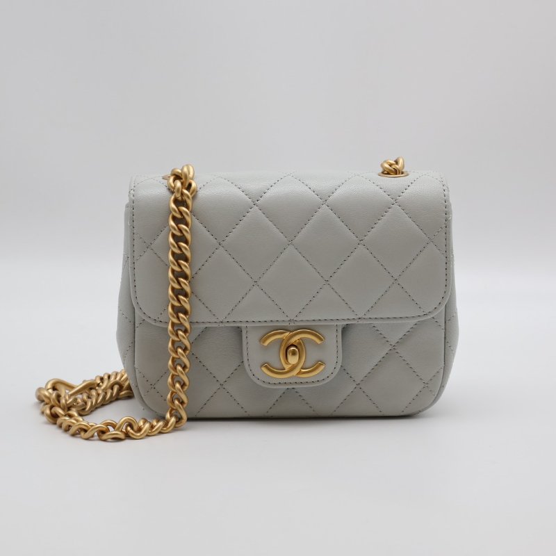 CHANEL 23S雙鍊單肩方胖 - 淺灰藍金-0