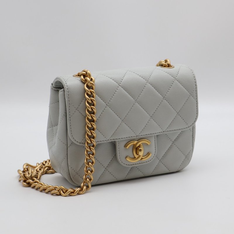 CHANEL 23S雙鍊單肩方胖 - 淺灰藍金-1