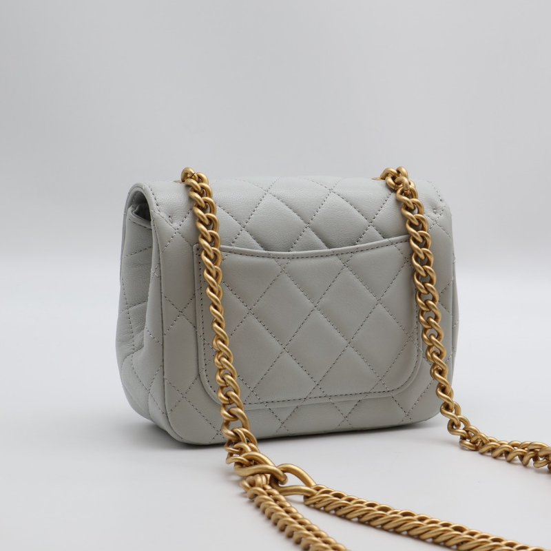 CHANEL 23S雙鍊單肩方胖 - 淺灰藍金-2