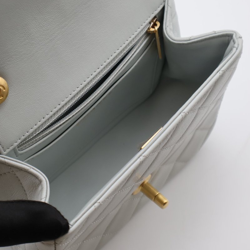 CHANEL 23S雙鍊單肩方胖 - 淺灰藍金-3