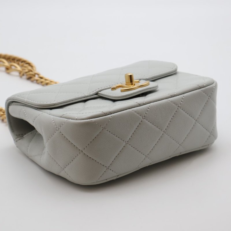 CHANEL 23S雙鍊單肩方胖 - 淺灰藍金-5