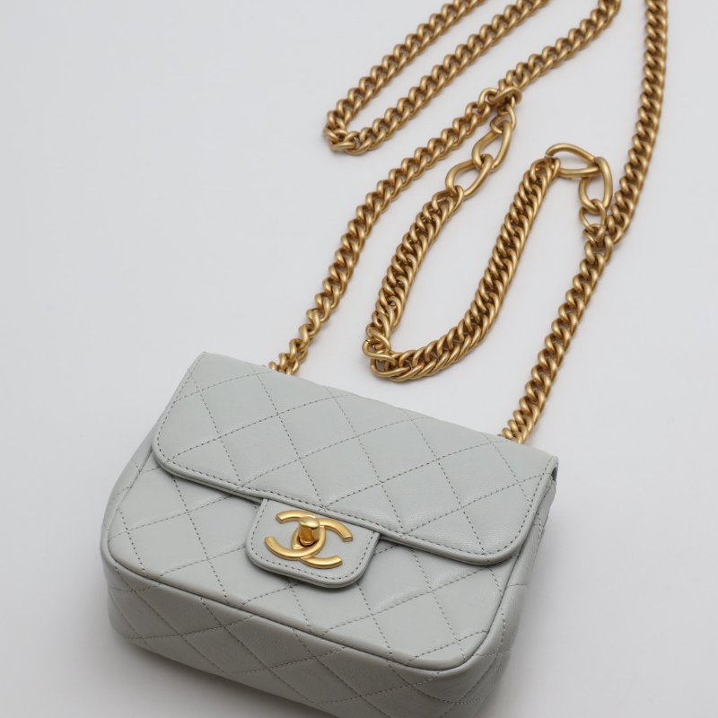CHANEL 23S雙鍊單肩方胖 - 淺灰藍金-7