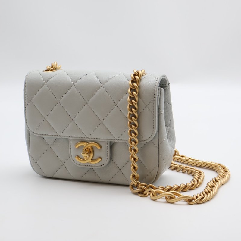 CHANEL 23S雙鍊單肩方胖 - 淺灰藍金-8
