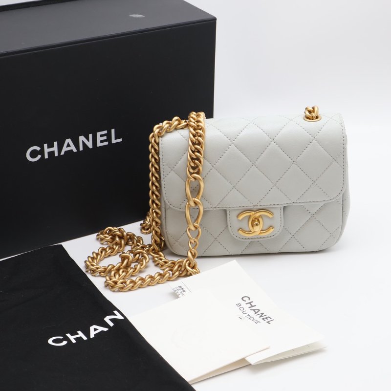 CHANEL 23S雙鍊單肩方胖 - 淺灰藍金-9