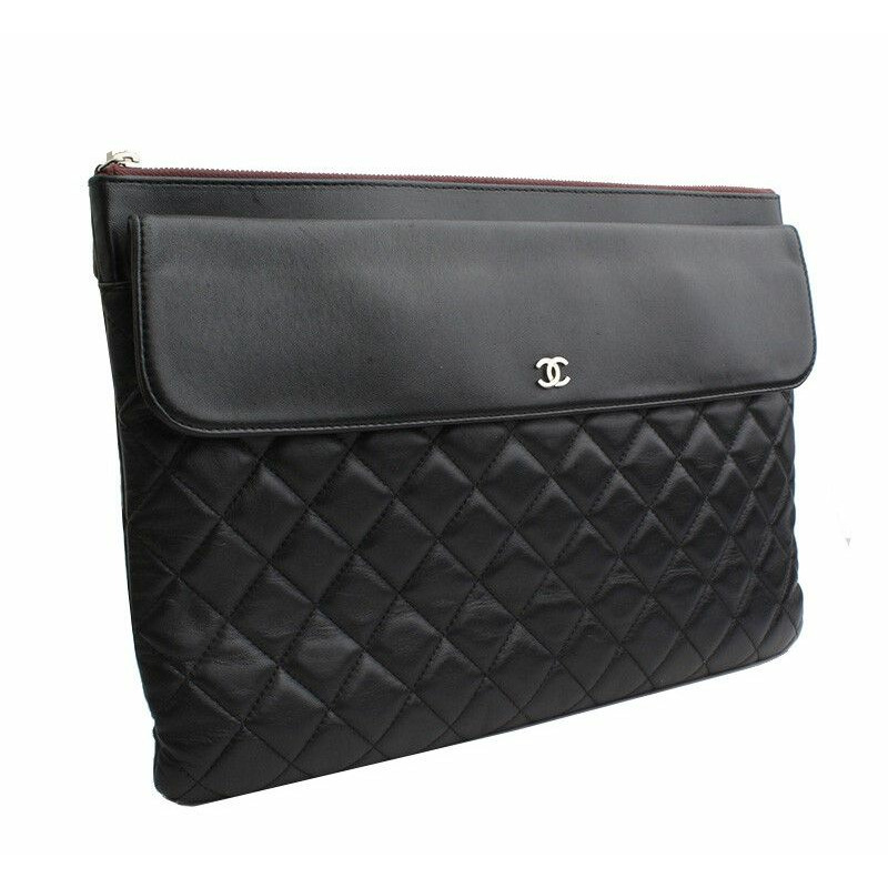 【包稅】CHANEL 銀黑色羊皮翻蓋手拿包 24-1