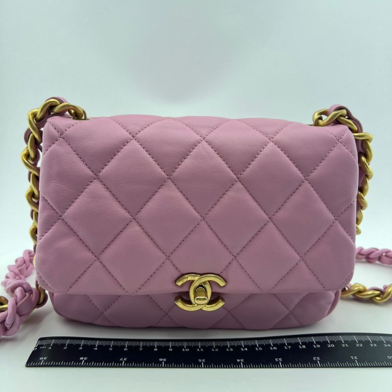 香奈兒 22S 粉紫色羊皮粗鍊條金扣方胖子包-0