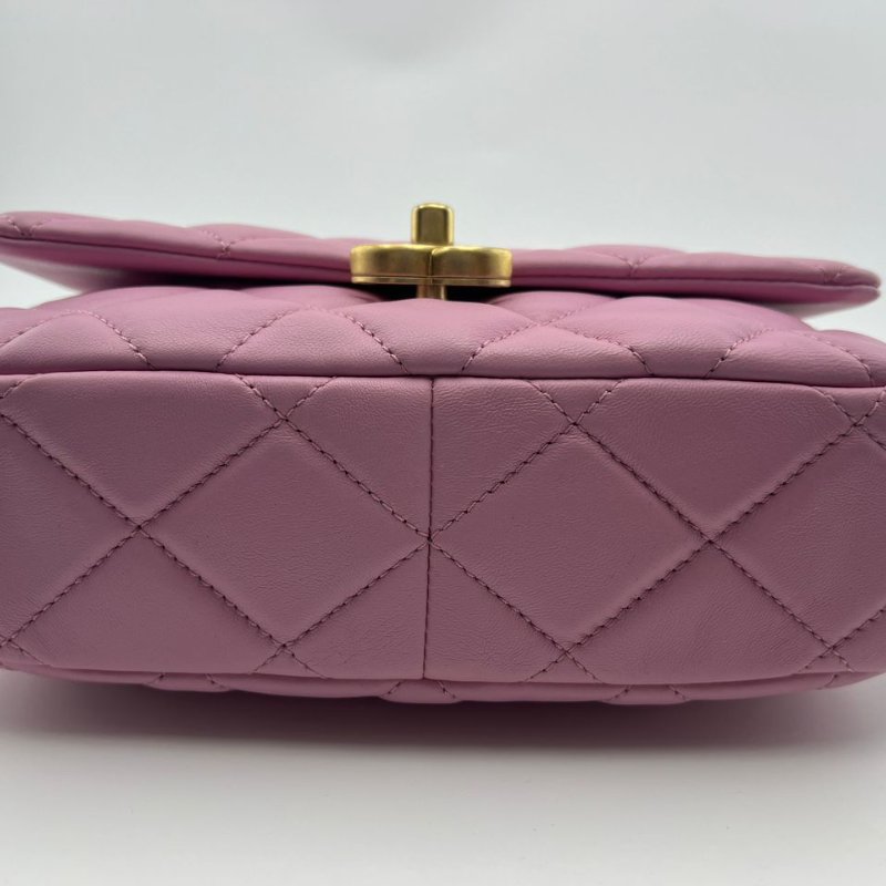 香奈兒 22S 粉紫色羊皮粗鍊條金扣方胖子包-2
