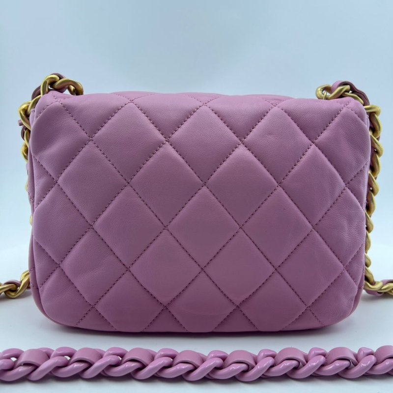 香奈兒 22S 粉紫色羊皮粗鍊條金扣方胖子包-7