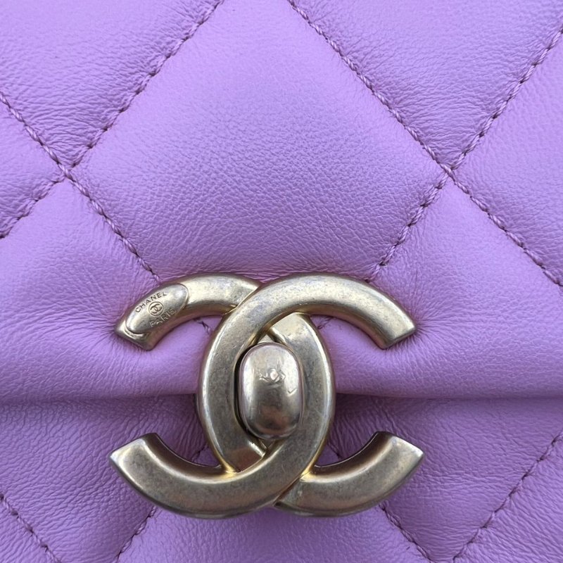 香奈兒 22S 粉紫色羊皮粗鍊條金扣方胖子包-16