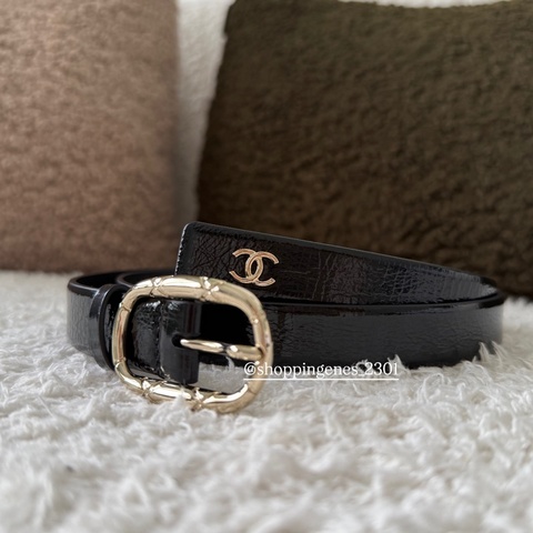 香奈兒 Chanel 25A 橢圓菱格紋淡金釦 窄版皮帶 尺寸80