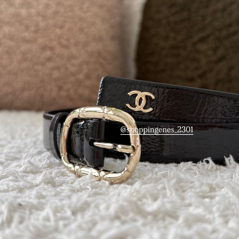 香奈兒 Chanel 25A 橢圓菱格紋淡金釦 窄版皮帶 尺寸80-1
