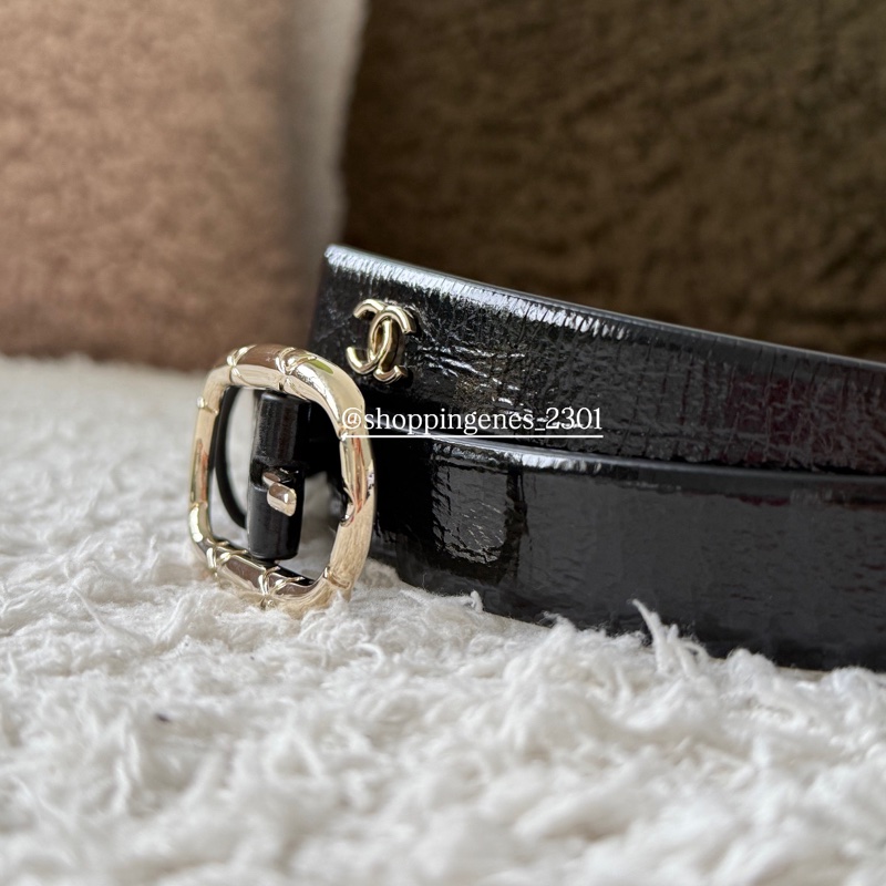 香奈兒 Chanel 25A 橢圓菱格紋淡金釦 窄版皮帶 尺寸80-2