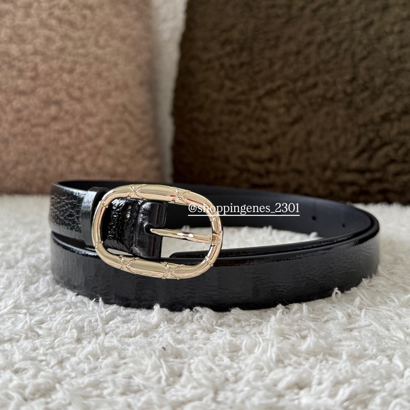 香奈兒 Chanel 25A 橢圓菱格紋淡金釦 窄版皮帶 尺寸80-3