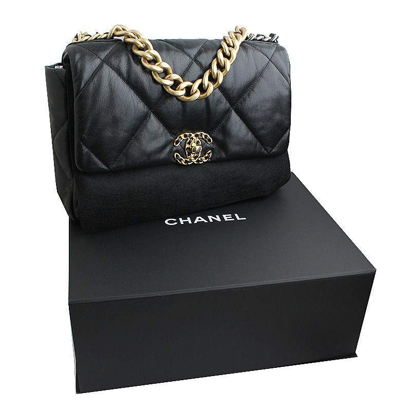 【包稅】CHANEL 19 黑色羊皮復古金色五金大號肩包 30-6