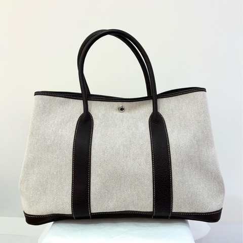 Hermes棕皮革拼帆布 Garden Party36