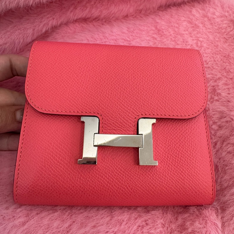 Hermes粉色銀H康康短夾-0