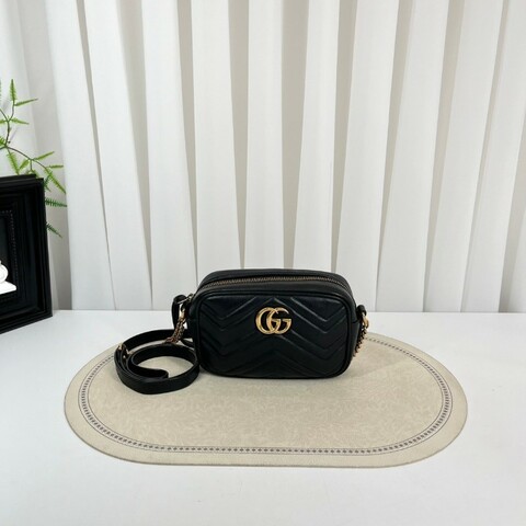 GUCCI古馳  Marmont馬蒙相機包 黑色波浪紋絎縫 金色雙G扣  可手提可單肩斜挎