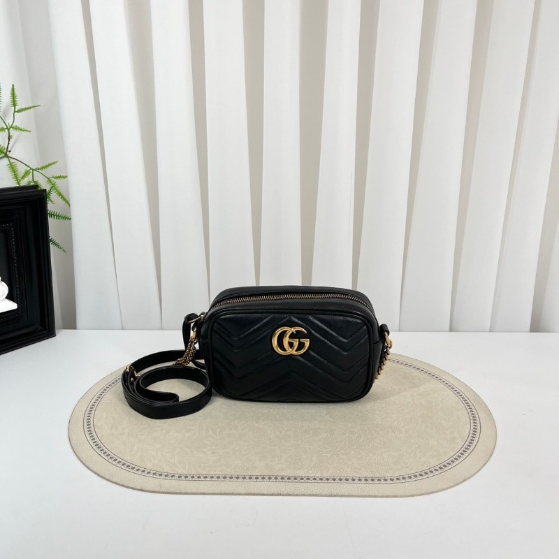 GUCCI古馳  Marmont馬蒙相機包 黑色波浪紋絎縫 金色雙G扣  可手提可單肩斜挎-0