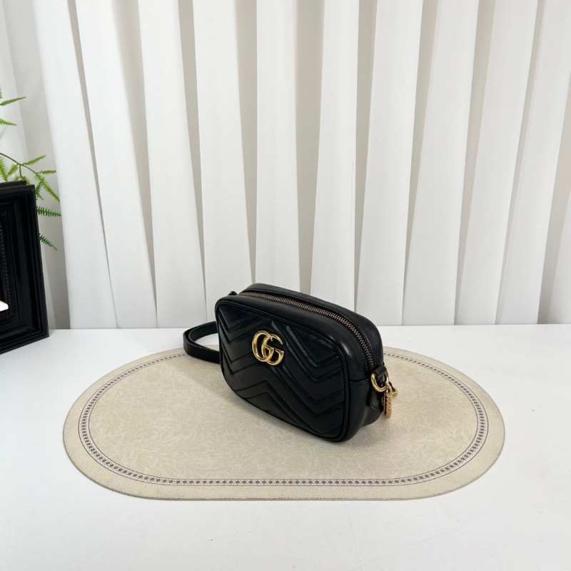 GUCCI古馳  Marmont馬蒙相機包 黑色波浪紋絎縫 金色雙G扣  可手提可單肩斜挎-6