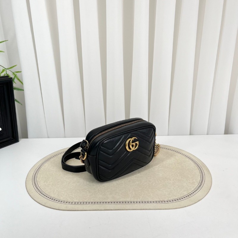 GUCCI古馳  Marmont馬蒙相機包 黑色波浪紋絎縫 金色雙G扣  可手提可單肩斜挎-7