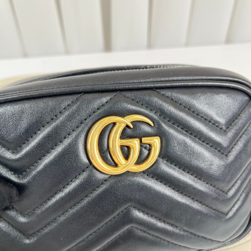 GUCCI古馳  Marmont馬蒙相機包 黑色波浪紋絎縫 金色雙G扣  可手提可單肩斜挎-8