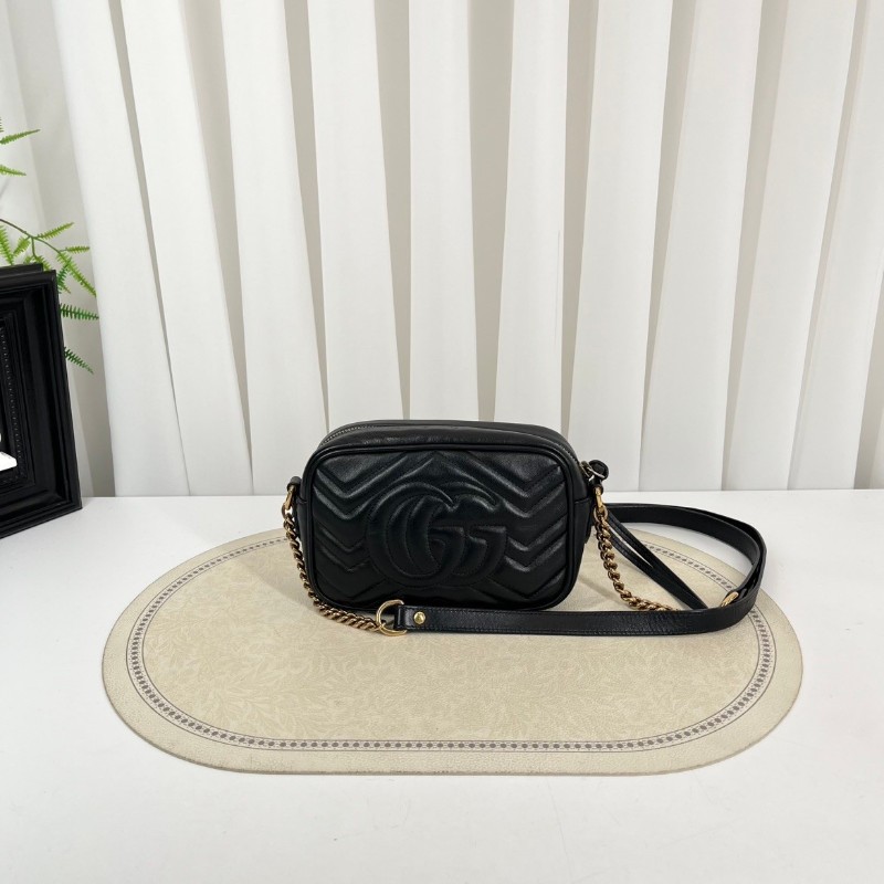GUCCI古馳  Marmont馬蒙相機包 黑色波浪紋絎縫 金色雙G扣  可手提可單肩斜挎-10