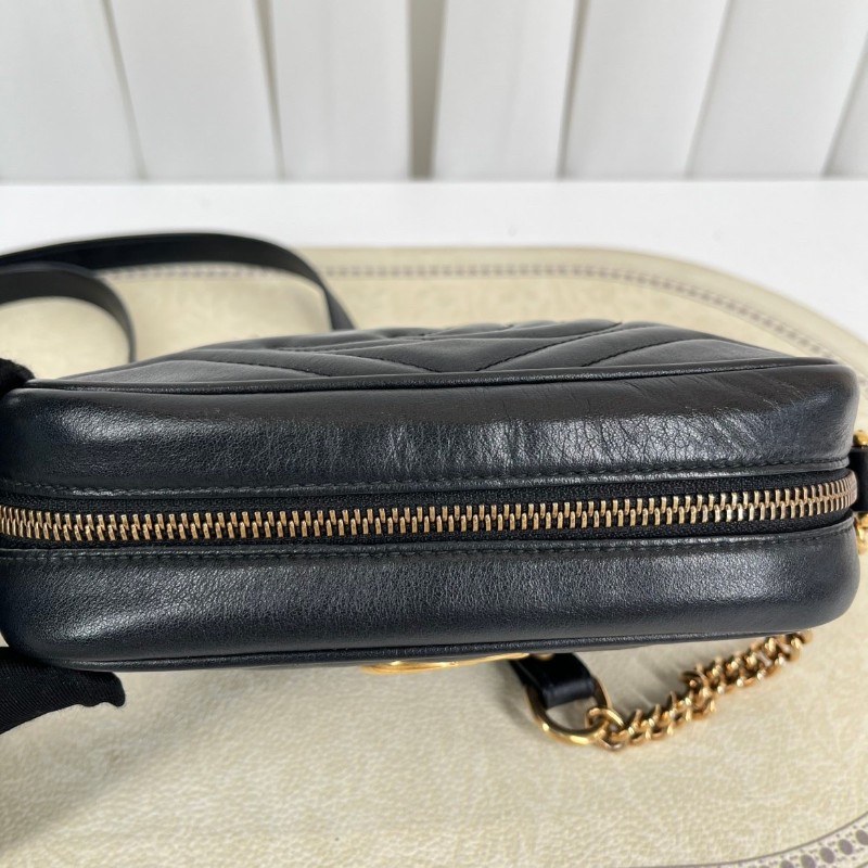 GUCCI古馳  Marmont馬蒙相機包 黑色波浪紋絎縫 金色雙G扣  可手提可單肩斜挎-11