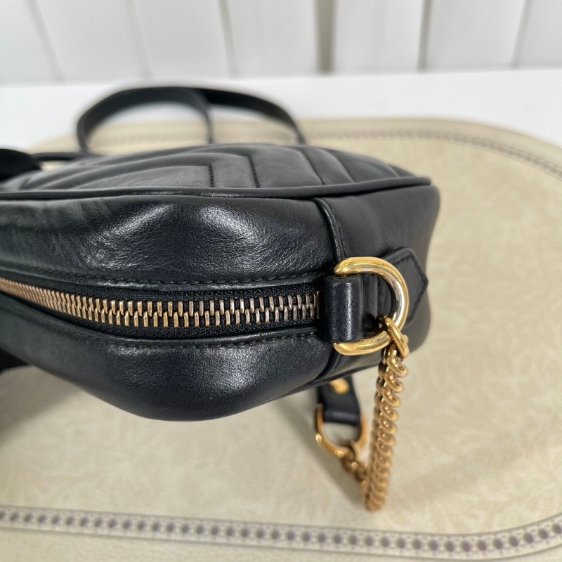 GUCCI古馳  Marmont馬蒙相機包 黑色波浪紋絎縫 金色雙G扣  可手提可單肩斜挎-13