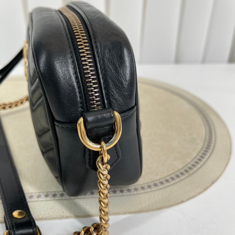 GUCCI古馳  Marmont馬蒙相機包 黑色波浪紋絎縫 金色雙G扣  可手提可單肩斜挎-14