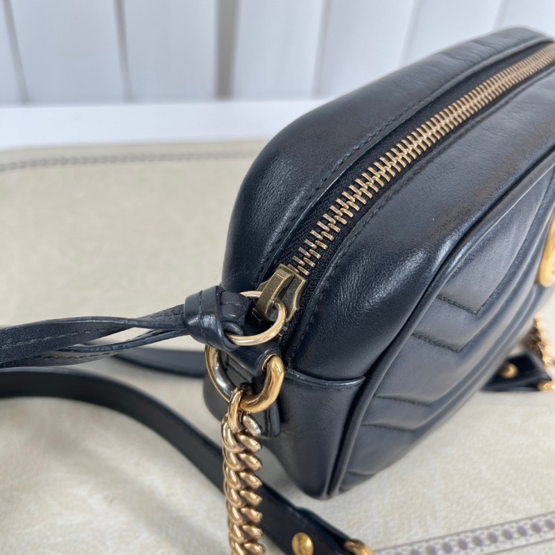 GUCCI古馳  Marmont馬蒙相機包 黑色波浪紋絎縫 金色雙G扣  可手提可單肩斜挎-19