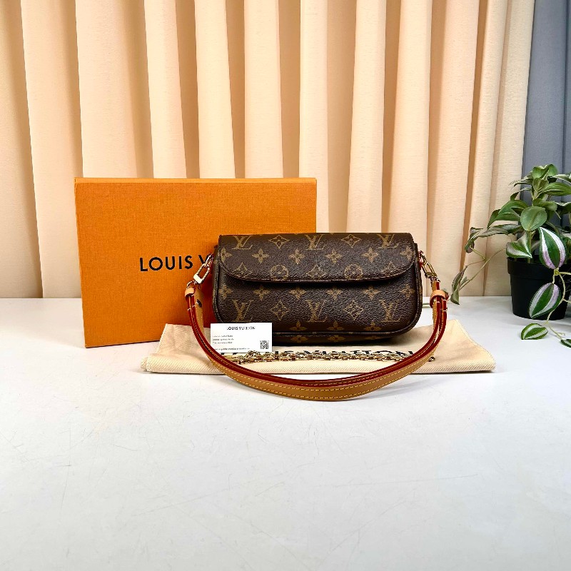 LV  LV/路易威登 ivy老花鏈條腋下包單肩斜挎手提包   經典老花配棕色皮革 金色五金配件-0