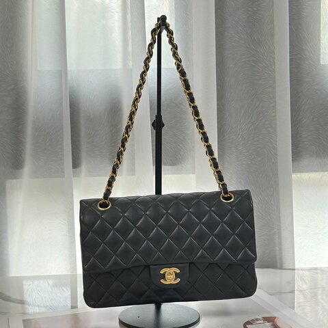 CHANEL 經典口蓋包 CF25 - 羊皮黑金27開