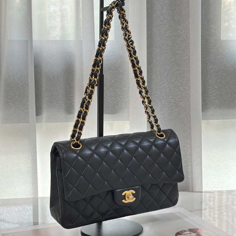 CHANEL 經典口蓋包 CF25 - 羊皮黑金27開-2