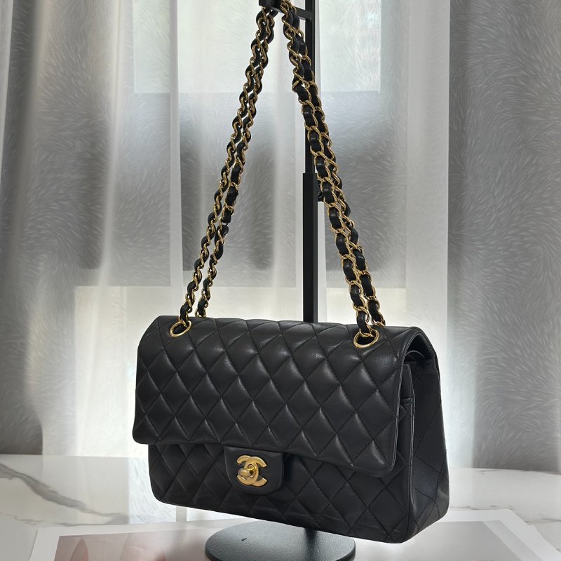 CHANEL 經典口蓋包 CF25 - 羊皮黑金27開-3