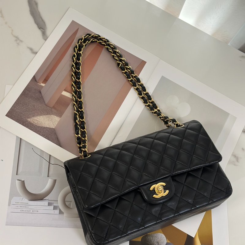 CHANEL 經典口蓋包 CF25 - 羊皮黑金27開-8