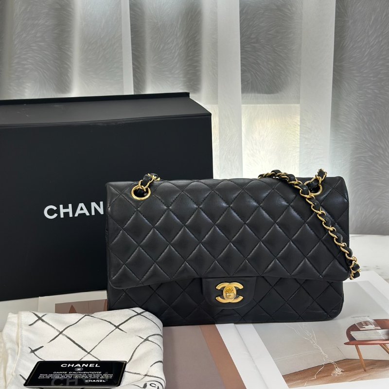 CHANEL 經典口蓋包 CF25 - 羊皮黑金27開-9