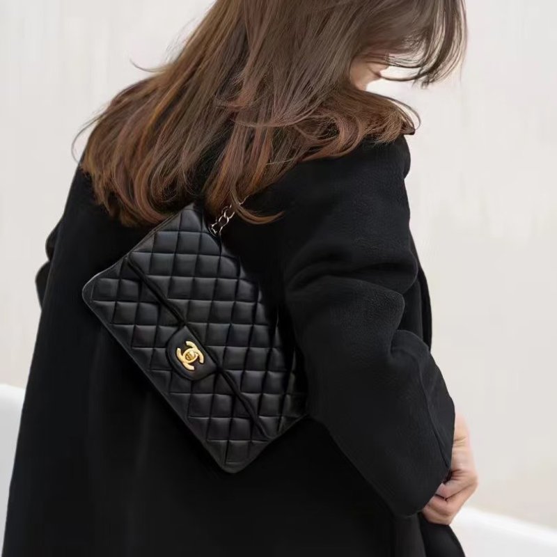 CHANEL 經典口蓋包 CF25 - 羊皮黑金27開-10