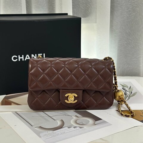CHANEL 經典口蓋包 Mini CF20 - 金球深棕