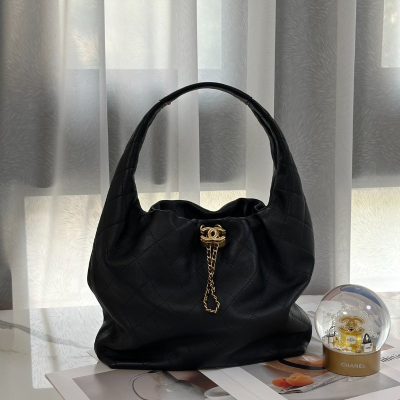 CHANEL 26C牛皮單肩嬉皮Hobo - 中號黑金-0