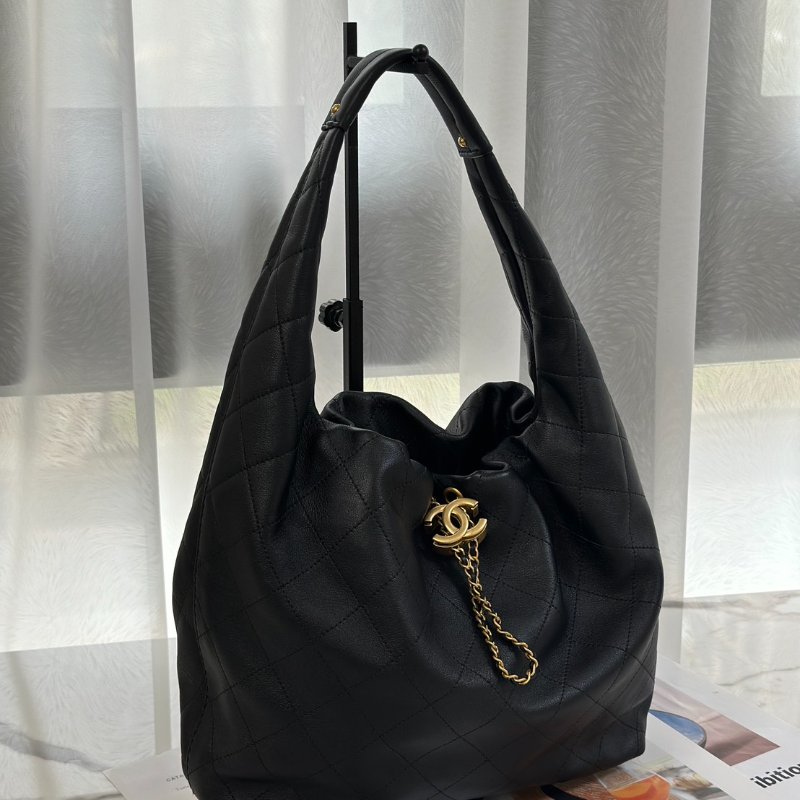 CHANEL 26C牛皮單肩嬉皮Hobo - 中號黑金-2