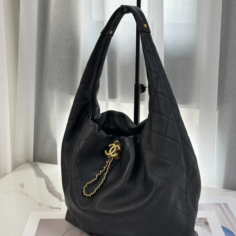 CHANEL 26C牛皮單肩嬉皮Hobo - 中號黑金-3