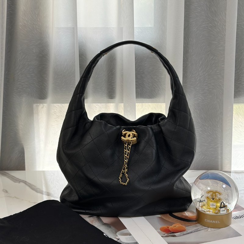 CHANEL 26C牛皮單肩嬉皮Hobo - 中號黑金-7