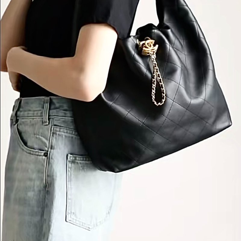 CHANEL 26C牛皮單肩嬉皮Hobo - 中號黑金-9