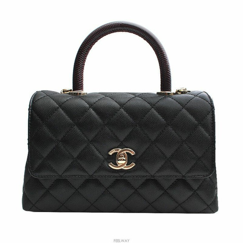 【包稅】CHANEL Coco Handle 中型黑魚子醬蜥蜴香檳金內飾