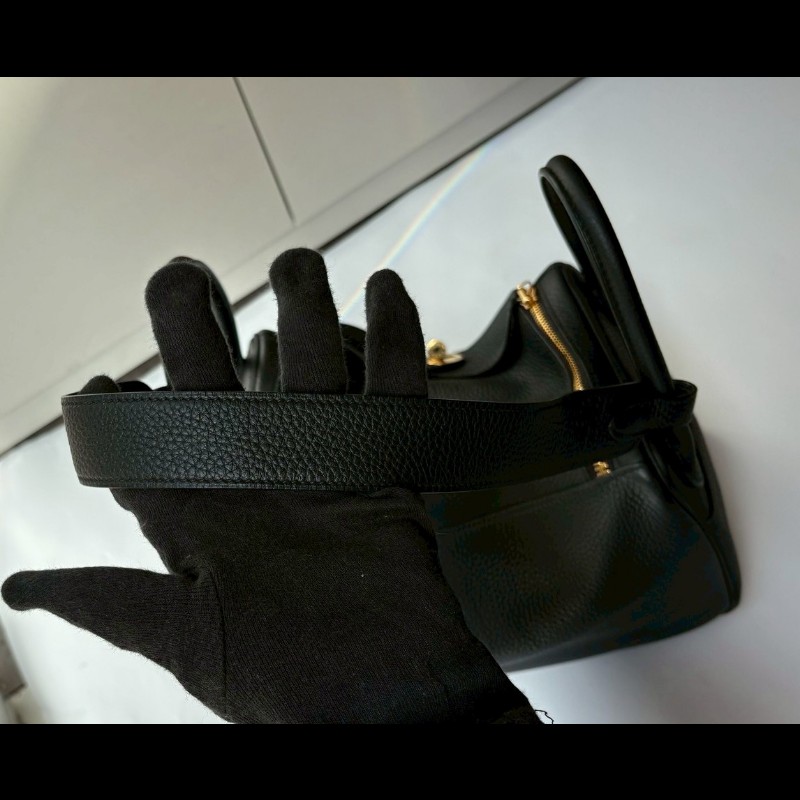 Hermes 金釦黑皮肩側包 Lindy 30-11