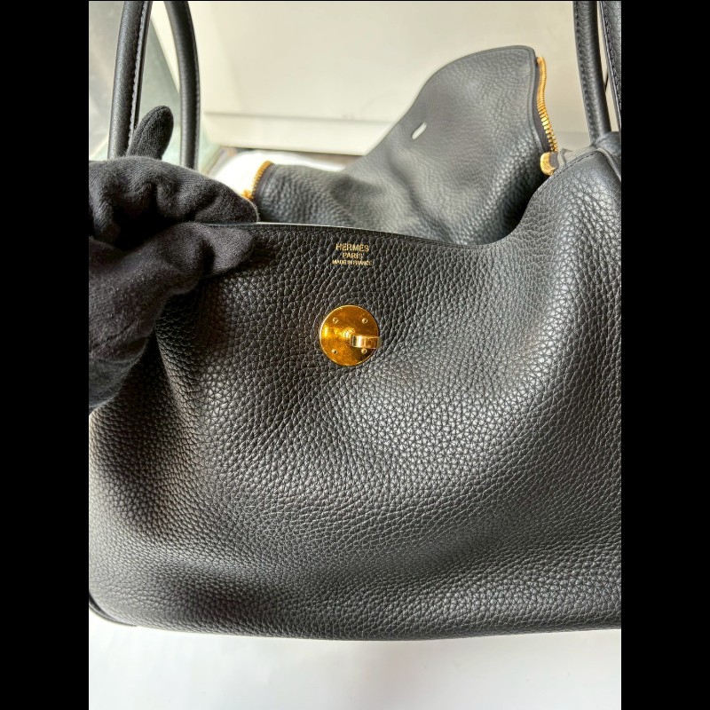 Hermes 金釦黑皮肩側包 Lindy 30-25