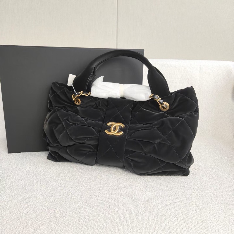 Chane l25K黑金絲絨蝴蝶結鏈條包 黑色金扣 中號芯片款 34*25 98新配件盒子塵袋-3