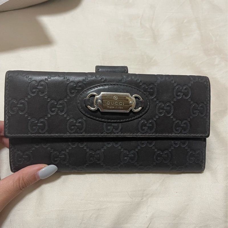 GUCCI 黑色 GG 壓紋長夾（真皮、翻蓋扣式、銀色金屬牌）-8