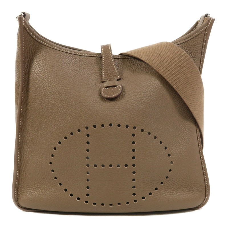 HERMES Clemence皮革Evelyne PM銀扣肩背袋Etoupe-0