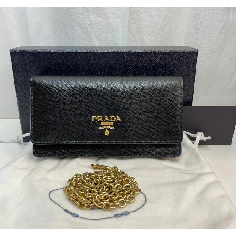 【包稅】PRADA Saffiano皮革金色鏈條皮夾斜挎包 1DH006-0
